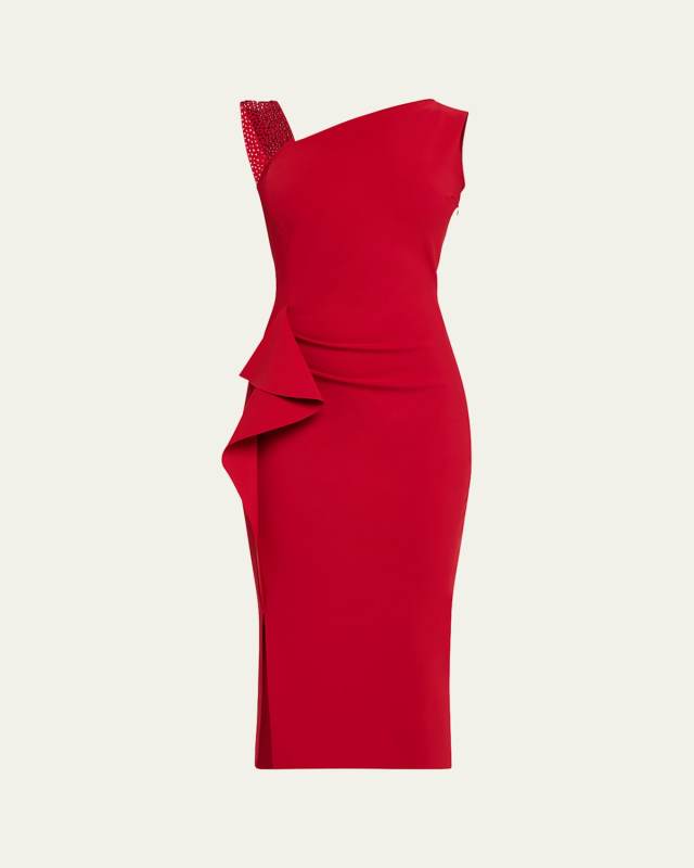 Asymmetric Rhinestone-Strap Bodycon Midi Dress
